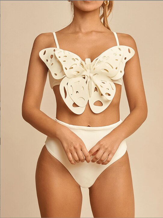 Sexy Solid Bikini Set Three-dimensional Butterfly Top High Waist Swimwear Designer Swimsuit Split-joint Women Holiday Beachwear