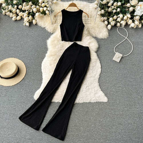 Women Two Pieces Set Sexy Sleeveless Tank Top Vintage Top and High Waist Wide Leg Pants Fashion Sets Casual Summer Femme Clothes