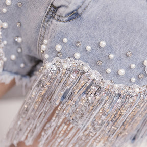 New Elegant Shorts Lady Tassel Beading High Waist Wide Leg Denim Shorts Female Casual Solid Shorts