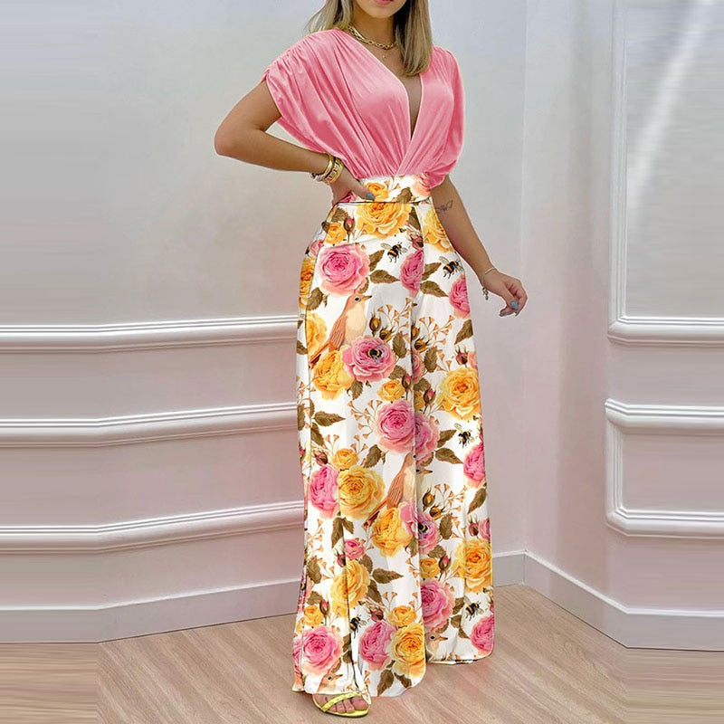 Matching Set  Length Loose Outfits Summer Pullover Tops Wide Leg Pants Print Suit