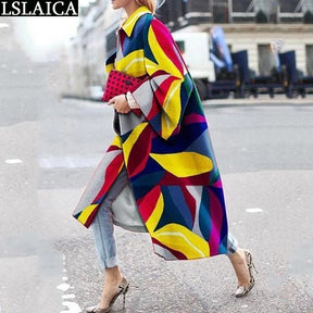 Casual Lapel Trench Coat For Women Autumn Winter Fashion Print Loose Warm Long coat High Street Style Ladies Overcoats