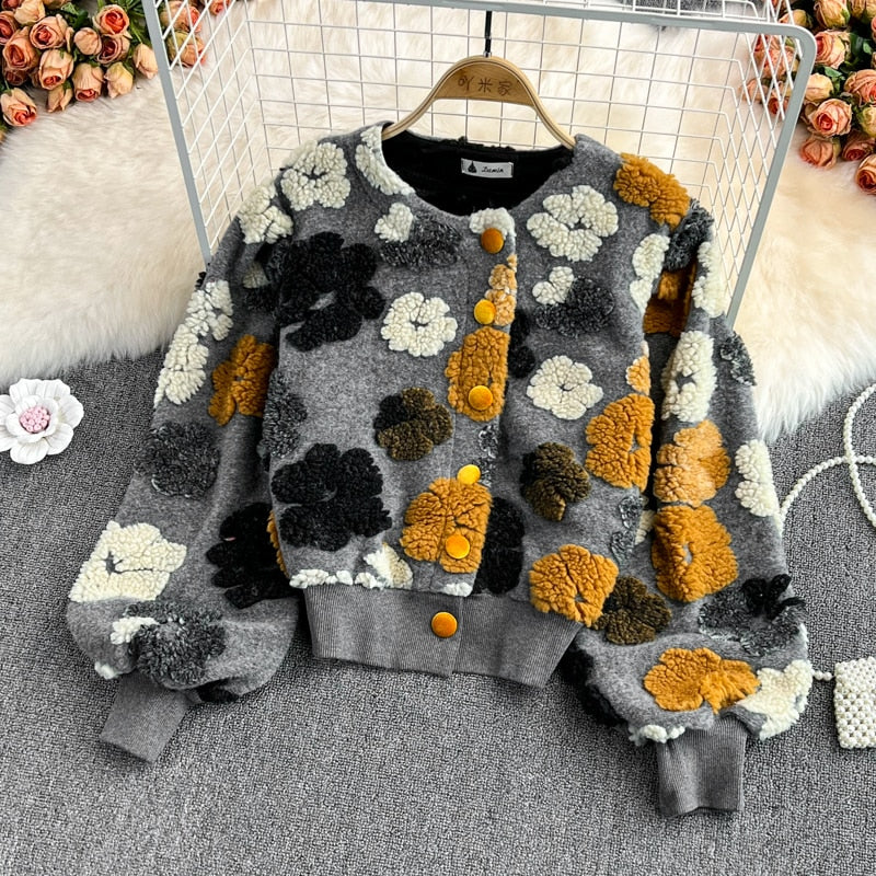 GetSpring Women Woolen Coat Retro Plush Flowers Patchwork new outfits Wool Jacket All Match Short Outwear winter coat for women