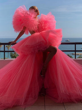 Hot Pink Wedding/party/photoshoot Dress Women Luxury Sweet Cascading Ruffles Design Mesh Long Dress