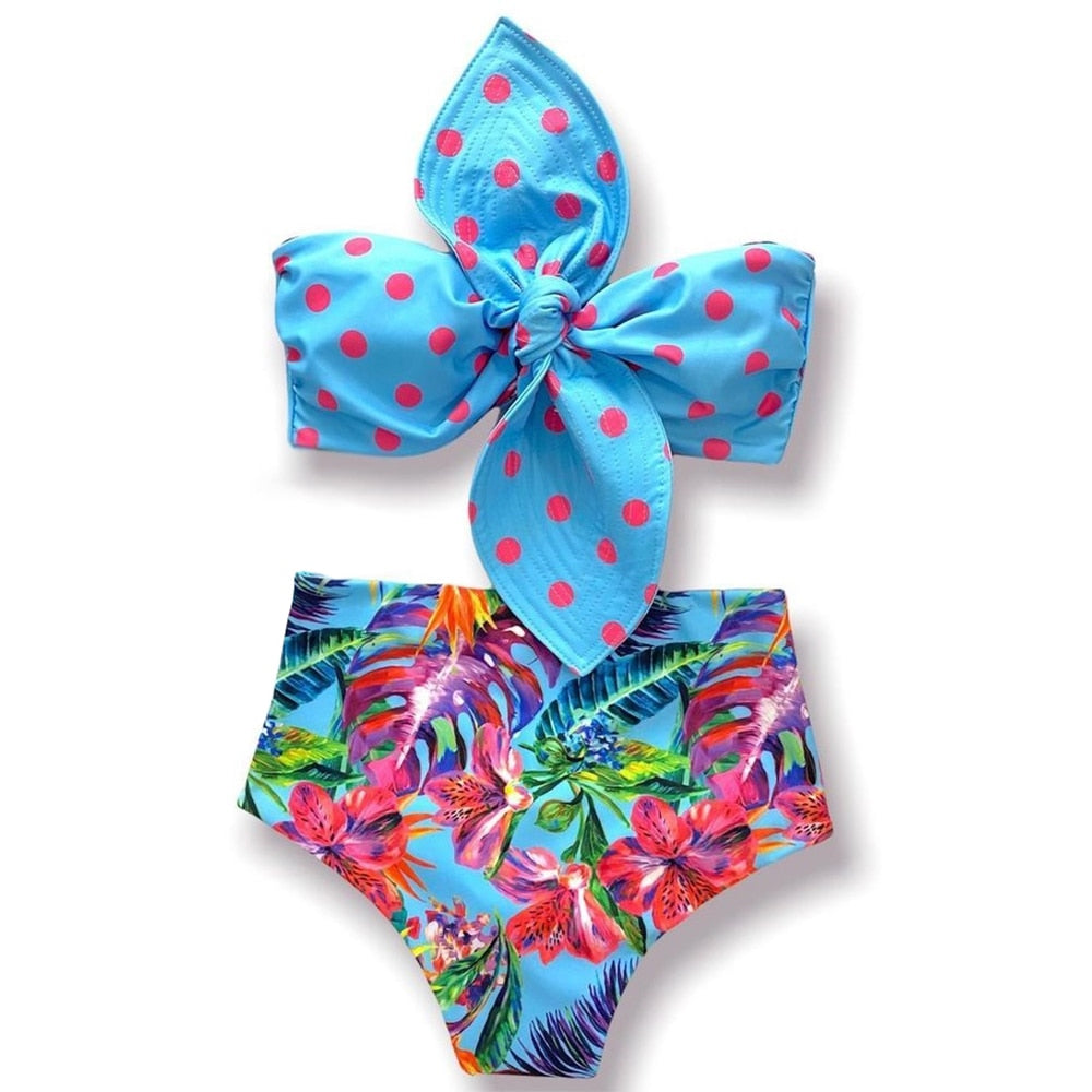 New Sexy High Waist Bikini Sets Ruffle Swimwear Women Swimsuit Print Floral Dots V-neck Beach Wear Bathing Suits biquini