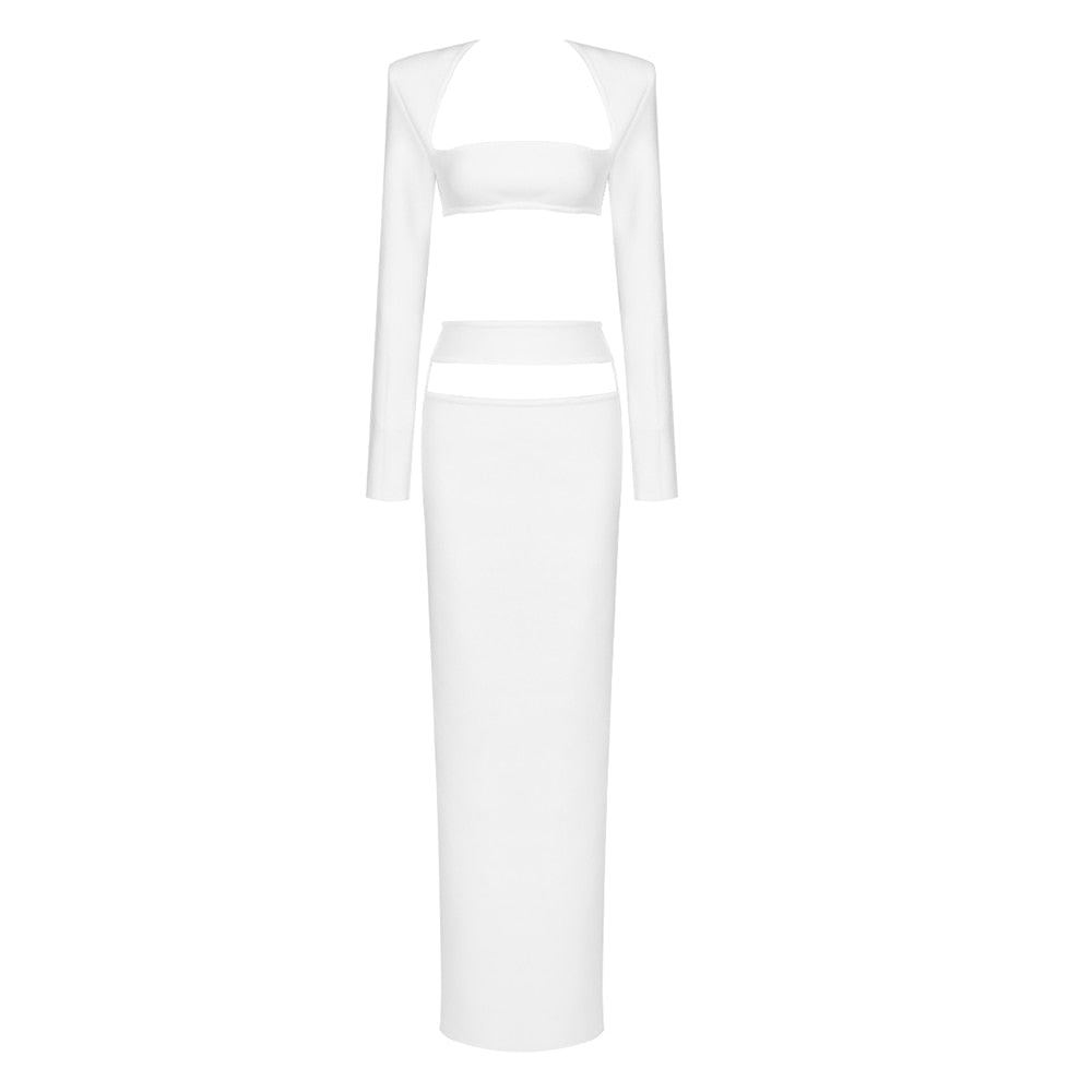 VC Summer Sexy Two Piece Set Women Straight Long Skirts Cropped Corset Top White Night Club Party Outfits