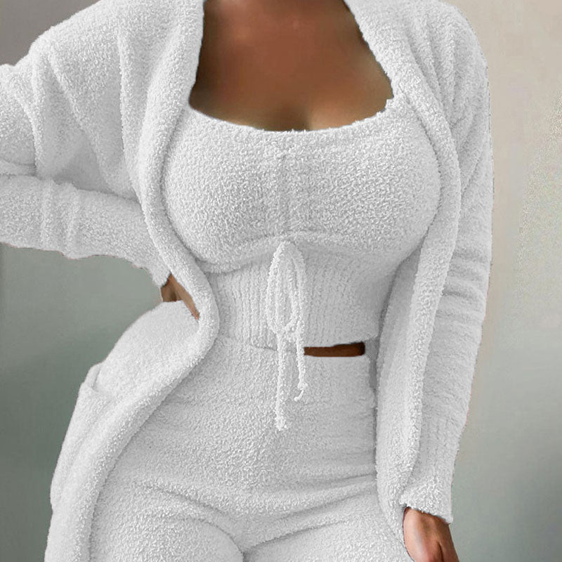 3-Piece Women Sets Plush Velvet Tank Tops Pants Cardigan Coat Tracksuit Loungewear Winter Casual Outfits