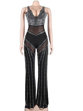 Sexy Black Crystal Mesh Patchwork Long Pant Jumpsuit Women Strap Deep V Neck See Throught Rompers Clubwear Outfits