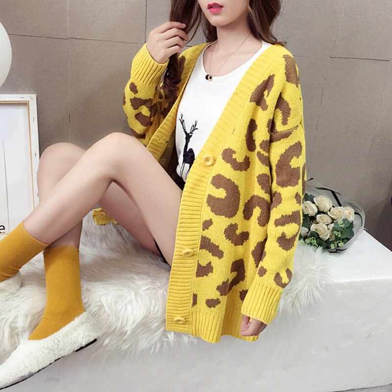 Women Casual Knitted Leopard Sweaters Female V Neck Thick Print Cardigan Coat Loose Button Outwear Tops Autumn Winter