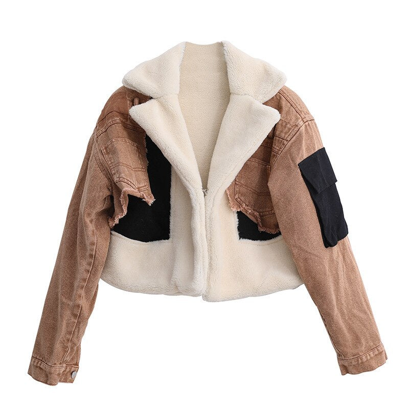 Fashion Denim Patchwork Lamb Fur Lining Jackets Women Coat Casual Long Sleeve Thick Warm