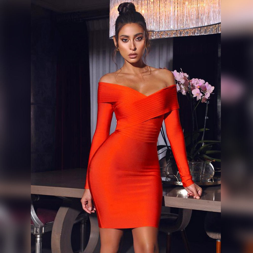 New 2022 Red Black Off Shoulder Bandage Dress Mini V-Neck Long Sleeve Bodycon Celebrity Hot Style Party Women Elegant Vestidos