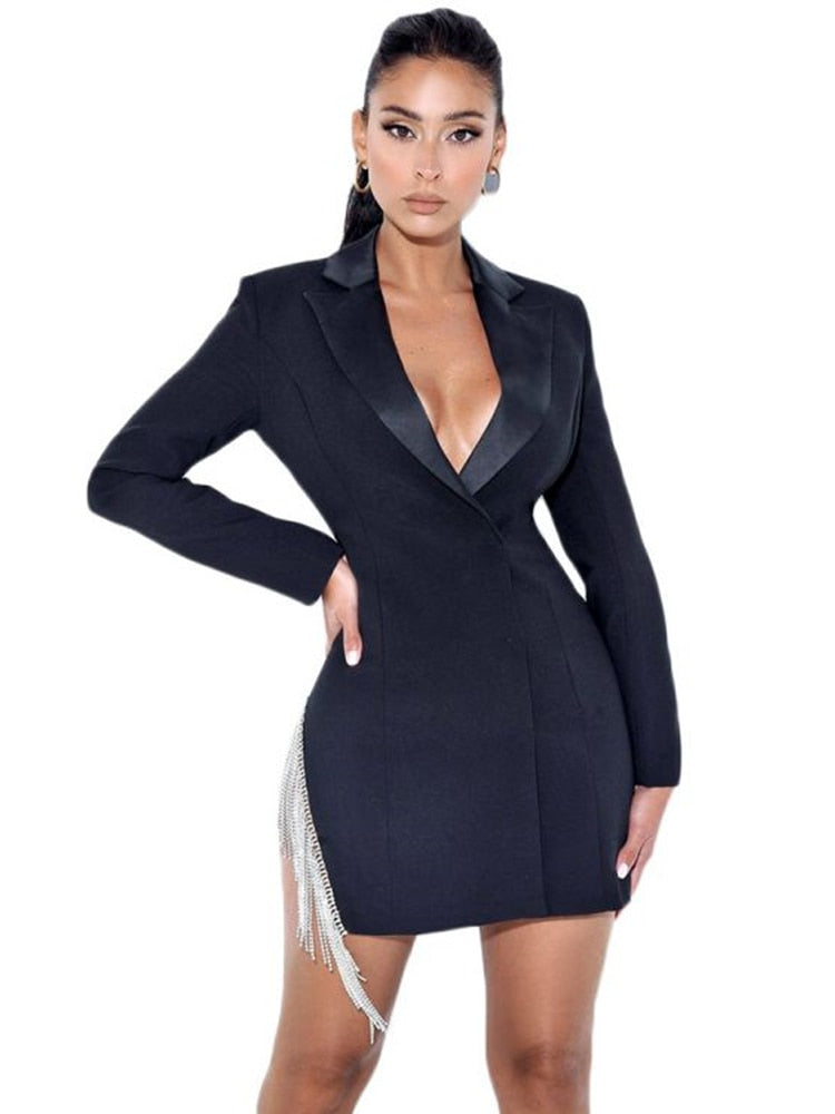 Sexy V Neck Long Sleeves Crystal Blazer Dress Summer Black White Diamond Fringe Bodycon Mini Suit Dress Evening Party Club Dress