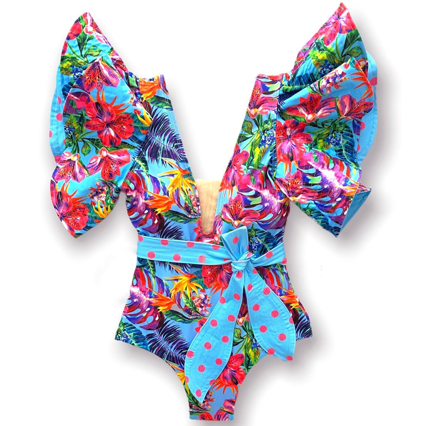 Floral Printed Deep V-neck Ruffle Swimsuit Push Up One Piece Swimsuit Beach Wear Backless Monokini Beach Wear Swim Suit