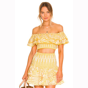 New Arrival Autumn Smocked Bust Embroidery Off-shoulder Top with Layered Ruffle and Skirts Hollow Out Co-ord Yellow Sets