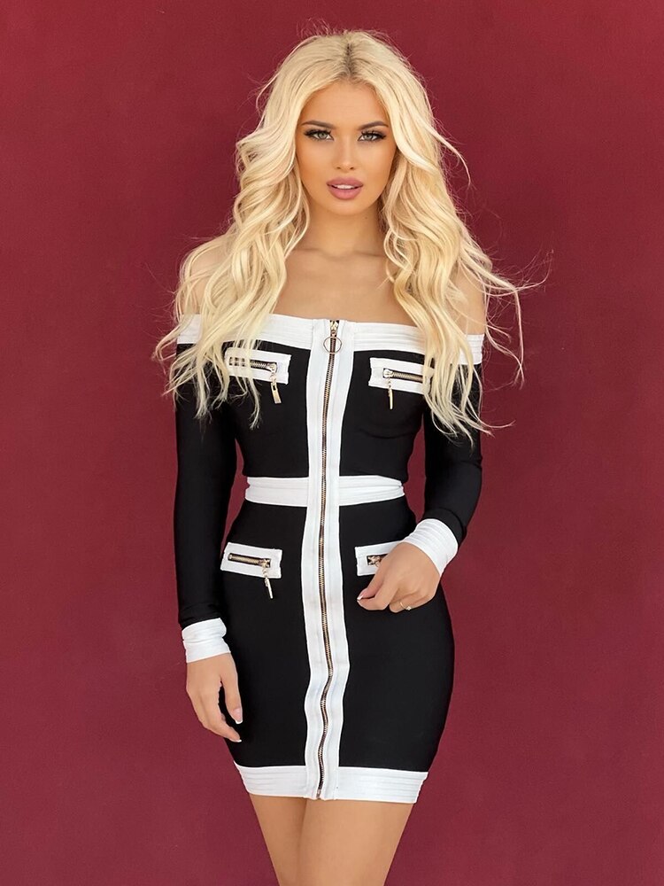 Short Bandage Dress With Zipper Design One-piece Collar Off-shoulder Long Sleeves Color Matching