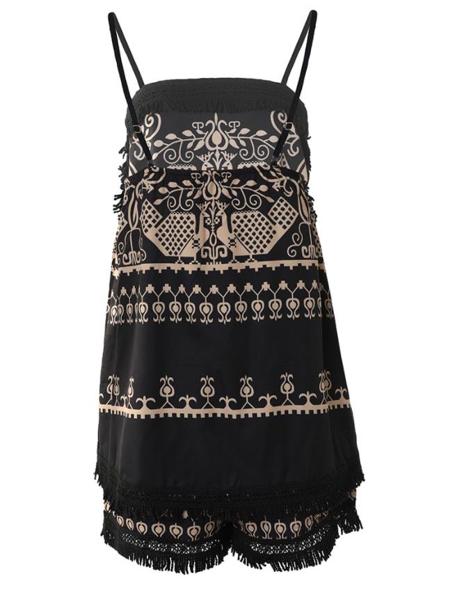 Women Two Piece Outfits 2022 Wome Tribal Print Tassel Trim Halter Top &amp; Vintage Shorts Set