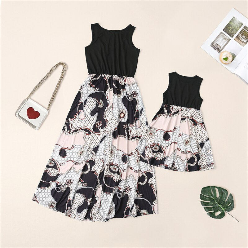 Flower Mommy and Me Clothes Family Set Sleeveless Mother Daughter Matching Vest Dresses Fashion Woman Girls Long Dress Outfits
