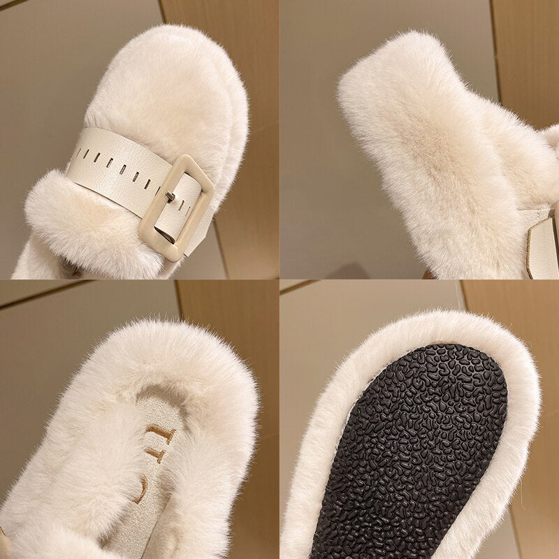 Winter Flats Women Slippers Fur Luxury Buckle Platform Mules Shoes Warm Short Plush Cotton Flip-flops 2022 New Snow Women Boots