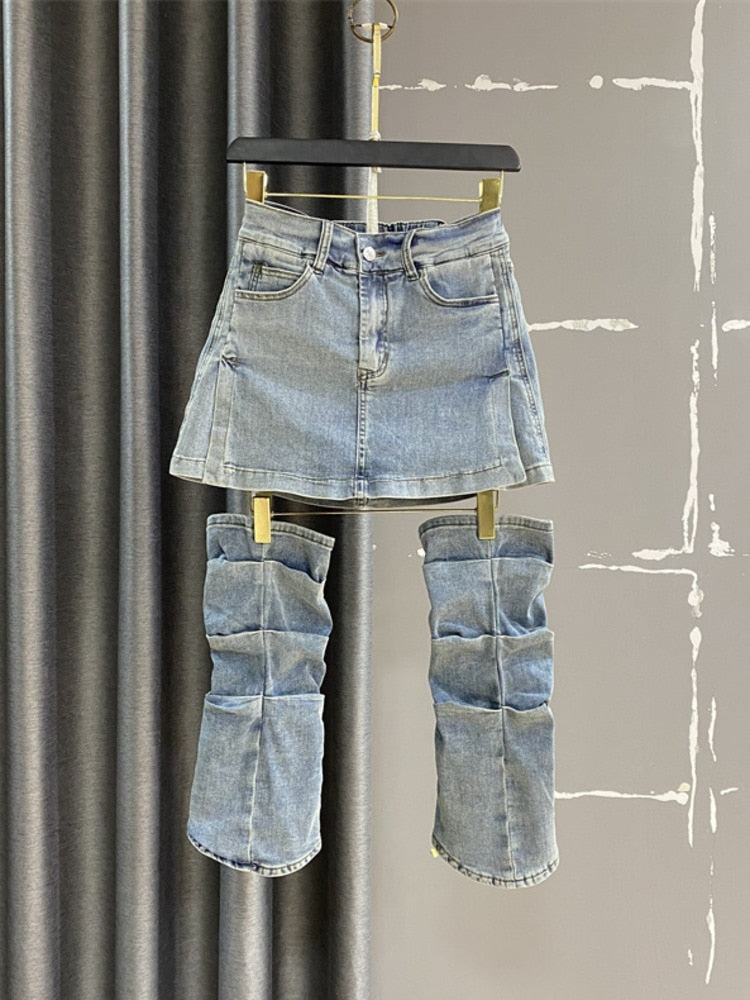 2 Pcs Set Slim High Waist Short A-line Denim Skirts Spliced Folds Trouser Legs Suit Spring 2023