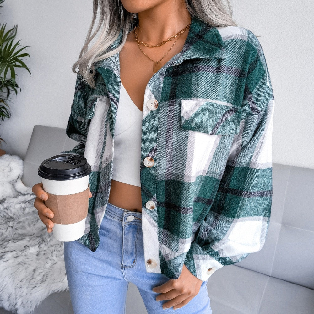 Women Fashion Fall Winter Plaid Lantern Long Sleeve Woolen Jacket For Ladeis Single Breasted Loose Chic Short Tops