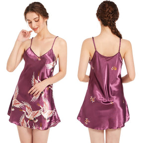 Gift for Women Pajamas Satin Nightgown Crane Print Sleepwear V Neck Sexy Spaghetti Strap Nightwear