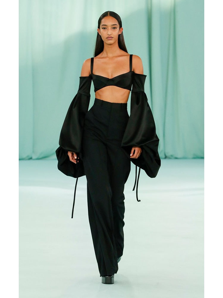 Sexy Off Shoulder Long Sleeve Strap Puff Sleeve Top and Wide Leg Pants 2 Piece r Balck Top &pant ; Trousers Suit Party Club