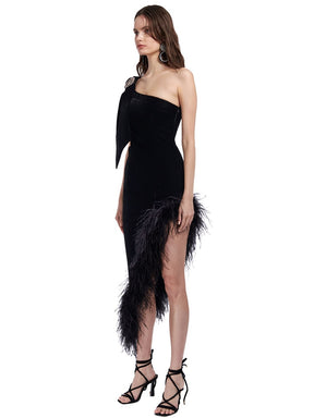 Fashion Catwalk Wear Diagonal Collar Diamond Feathers Tight Stretch Bandage Dress
