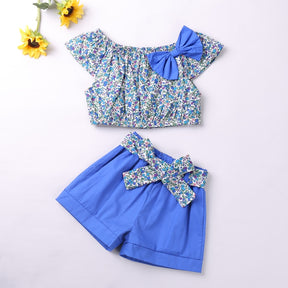 Summer Thin Suit Flower Sling Top+Denim Shorts 2Pcs Clothing Sets