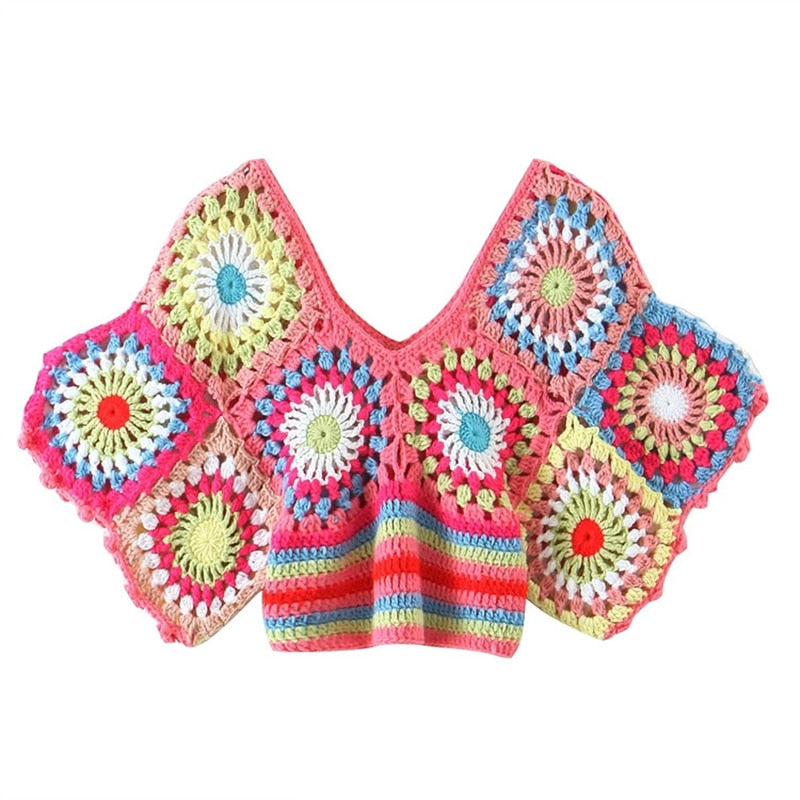 handmade Ethnic Retro Crochet Hollow Knitted Sweater Summer Women ClothingFashion V-Neck Short-Sleeved Pullover Handmade Color Top