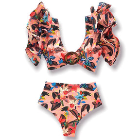 New Sexy High Waist Bikini Sets Ruffle Swimwear Women Swimsuit Print Floral Dots V-neck Beach Wear Bathing Suits biquini