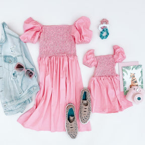 Mother and Daughter Dress Bubble Short Sleeve Pink Party Dress Mommy and Me Clothes Family Matching Outfits Girls Dress