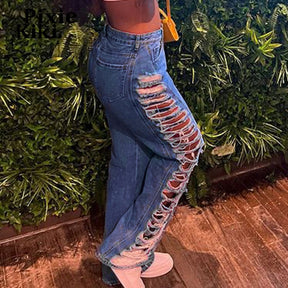 Streetwear Cut Out Ripped Baggy Jeans Vintage Grunge Wide Leg Denim Pants Women Trousers