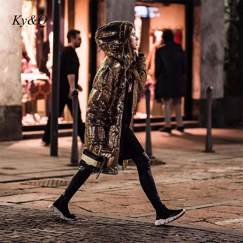 Luxury Gold Sequined Hooded Straight Tube Overcoat Fashion Cotton Jacket runway Party Coat