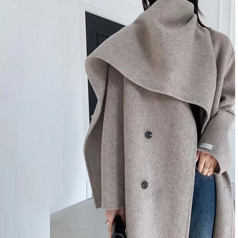 New Shawl Scarf Collar Double-breasted Solid Color Women Double-sided Woolen Belt Coats