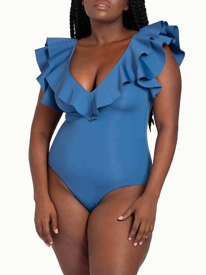 Solid Color Ruffled V-Neck Fashion 2022 New Elegant Backless Holiday One-Piece Swimsuit Slim High Waist Elegant Seamless