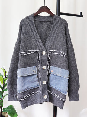 Denim Patchwork Knitting Cardigan For Women Loose Sweater Winter New Fashion