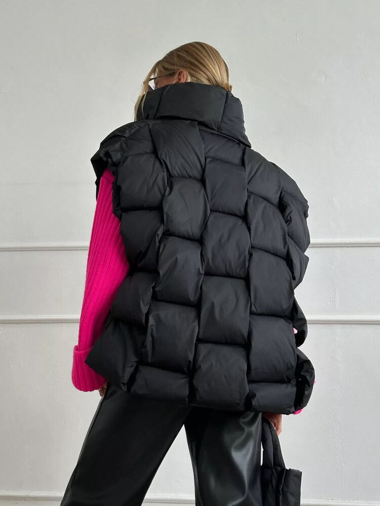 Winter Down Jacket Vest  Casual Green Oversize Plaid Parkas Fashion Puffer Coat Stand Collar Cotton Padded Female Outwear