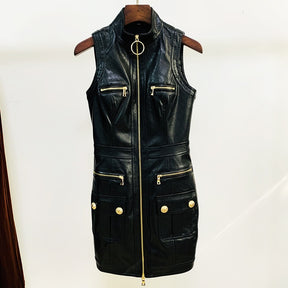 New Leather Mini Dress  Spring Fashion Black Pocket Stand Collar Front Zip Off Shoulder Elegant Dress High Quality
