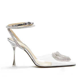 Heart Decor Satin Crystal Sandals Pointed Toe Stilettos High Heel Women Sexy Ankle Strap Pumps Summer Luxury Designer Shoes