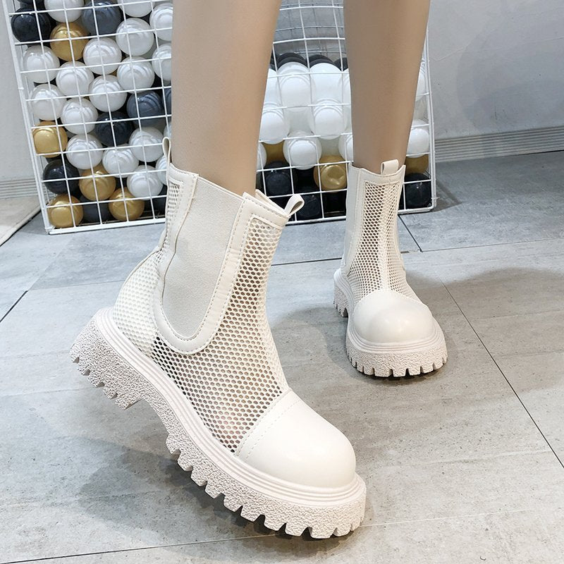New round head thick bottom 7cm thick heel leather mesh surface cool boots rear zipper Sandals summer women cool boots
