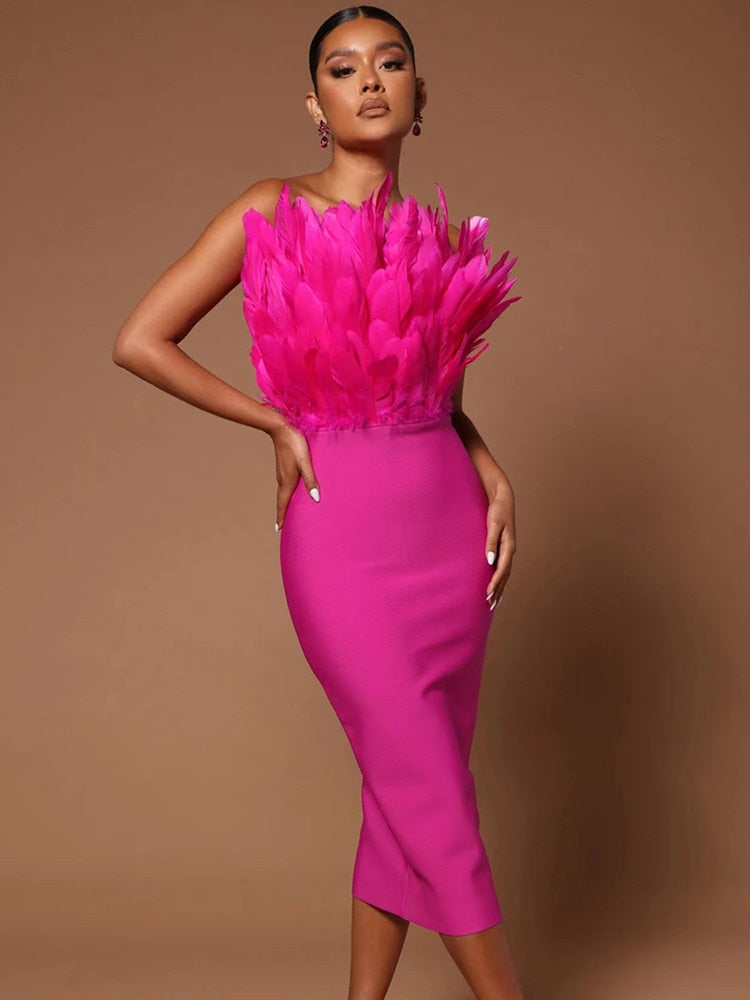 Fashion Women Sexy Strapless Backless Brown Hot Pink Feather Bodycon Bandage Dress  Elegant Evening Club Party Dress