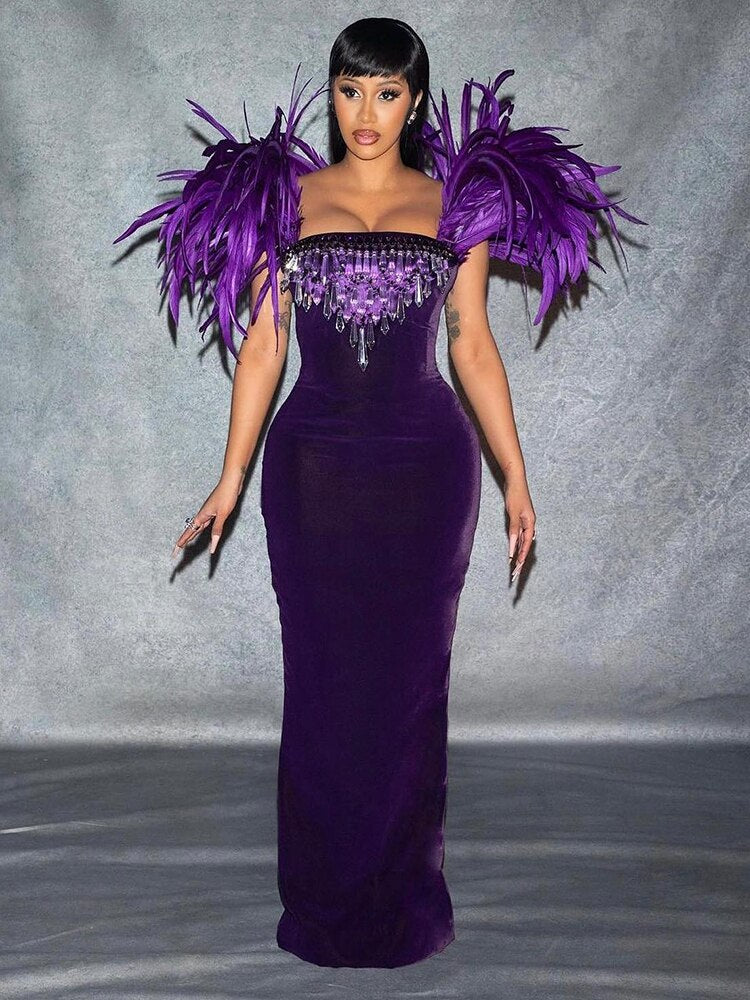 Luxury Evening Party Long Dress Women Elegant Square Neck Feather Crystal Design Purple Velvet Dress With Gloves