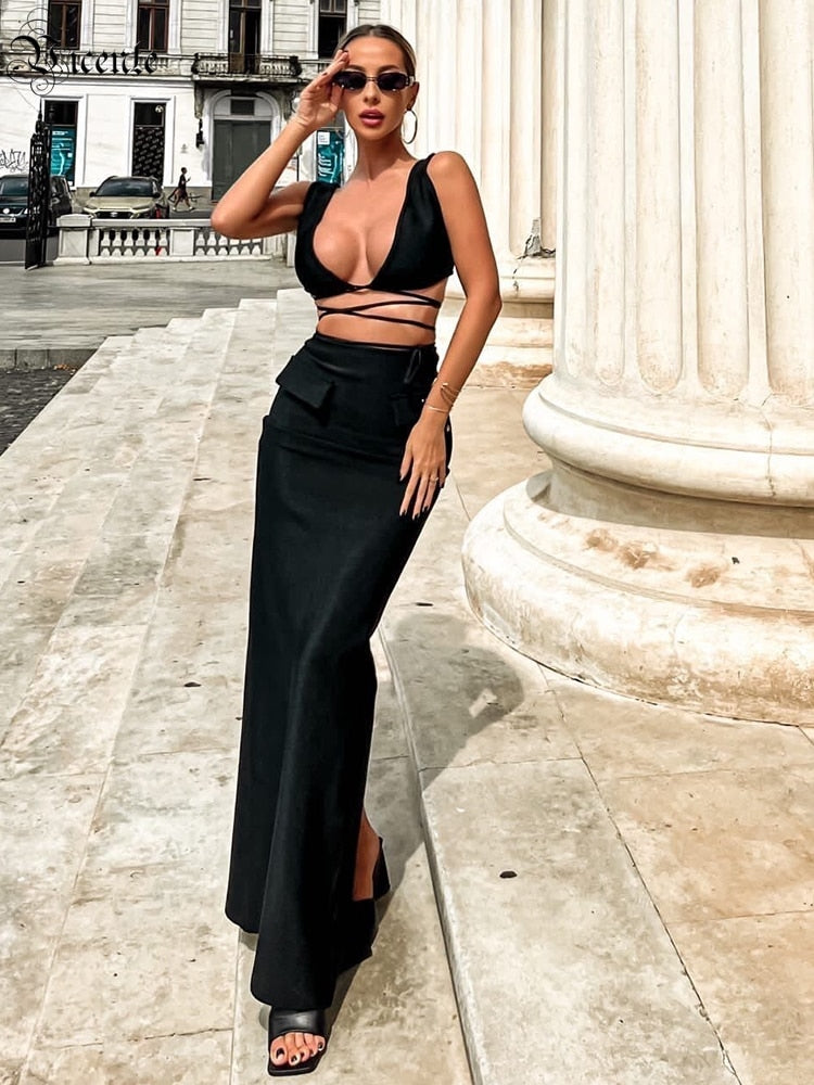 VC Beach Two Piece Set Women Sexy Straight Split Long Skirts Backless Cropped Corset Top 2022 Summer Holiday Wear