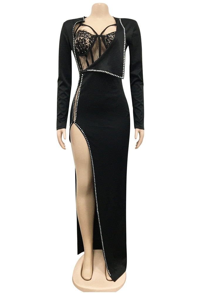 Sexy Bodysuit Rhinestone Embellished Dress Set Elegant Women High Split Bodycon Party Club Wear Two-Piece Dress