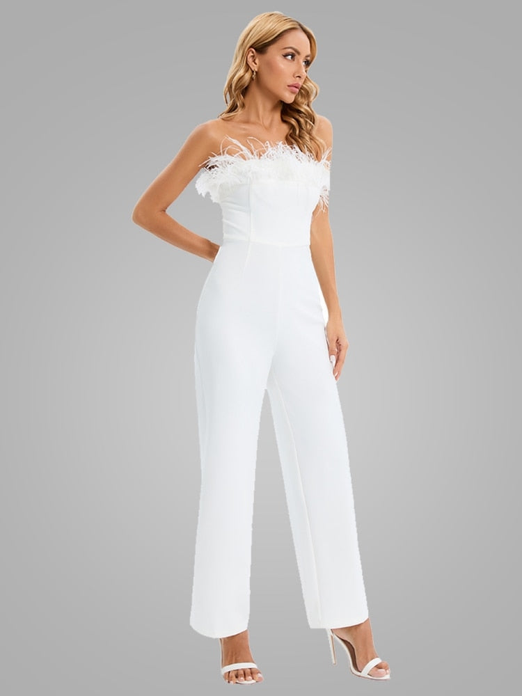 Sexy Off Shoulder Feather Slim Design Jumpsuit Fall Elegant White Tube Top White Feather Decoration Sleeveless Straight Trousers