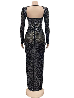 Kricesseen Sexy Mesh Rhinestone Crystal Patchwork Maxi Dress New Women Long Sleeve Sheer Bodycon Night Clubwear Long Dress