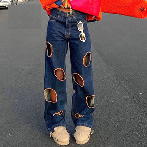 Hole Hollow Out Low Rise Baggy Jeans Women Streetwear Vintage Blue Denim Trousers Wide Leg Pants