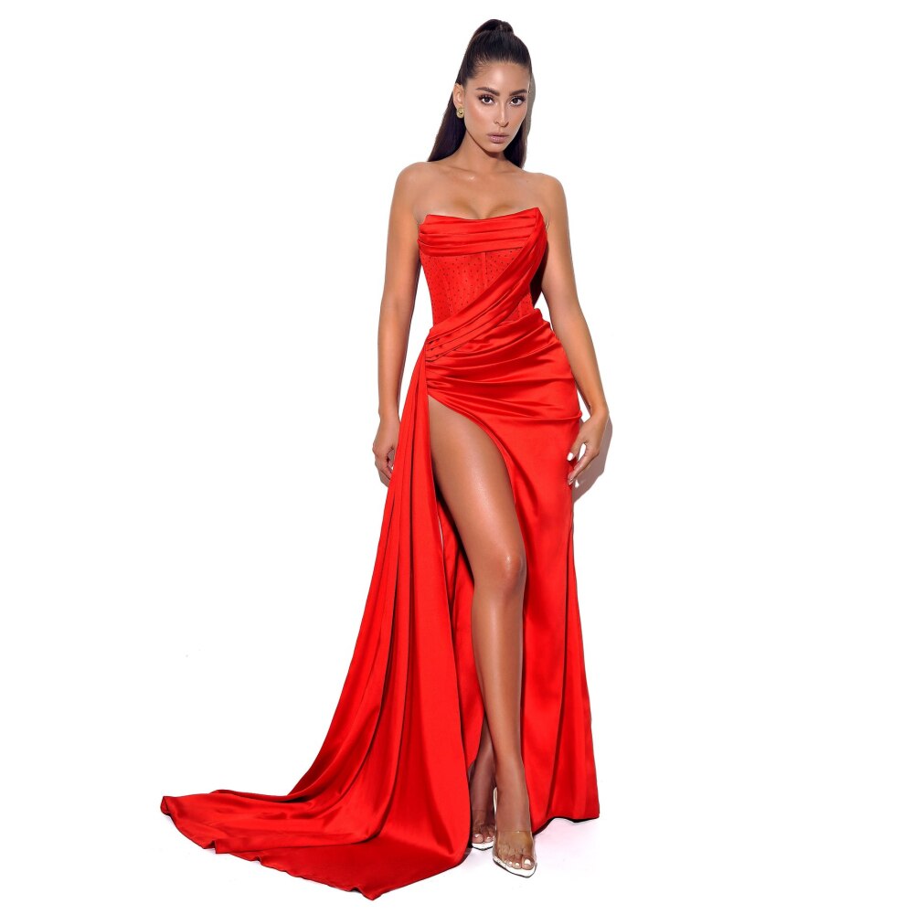 Sexy Strapless Satin Long Dress High Slit Off shoulder Slim Dress Floor-Length Side Split Mermary Prom Long Crystal Satin Dress