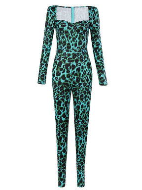 Sexy V Neck Long Sleeve Leopard Print Bodycon Bodysuit Elegant Backless Long Pant Slim Jumpsuit Nightclub Party Sweatsuit Club