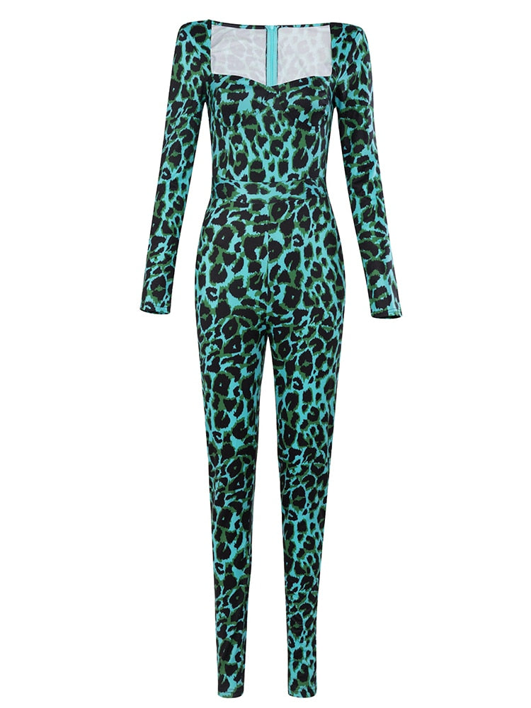 Sexy V Neck Long Sleeve Leopard Print Bodycon Bodysuit Elegant Backless Long Pant Slim Jumpsuit Nightclub Party Sweatsuit Club