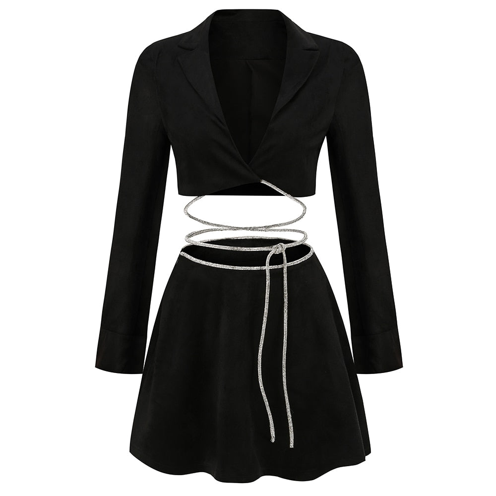 Black Velvet Two-Piece Suit Women Fashion Chic Crystal Chain Design Long Sleeves Crop Top Short Skirt Set
